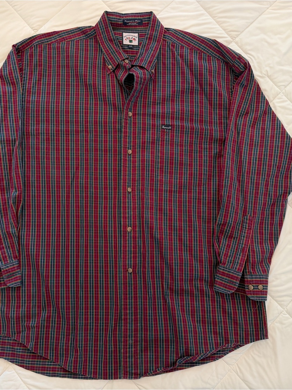 Faconnable Red and Green Plaid Button-Down Shirt